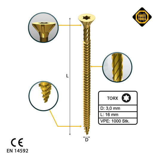 FORTE Tools Universal Holzschraube 3,0 x 16 mm T10 1000 Stk. ( 2x 000051399461 ) gelb verzinkt Torx Senkkopf Vollgewinde - Toolbrothers