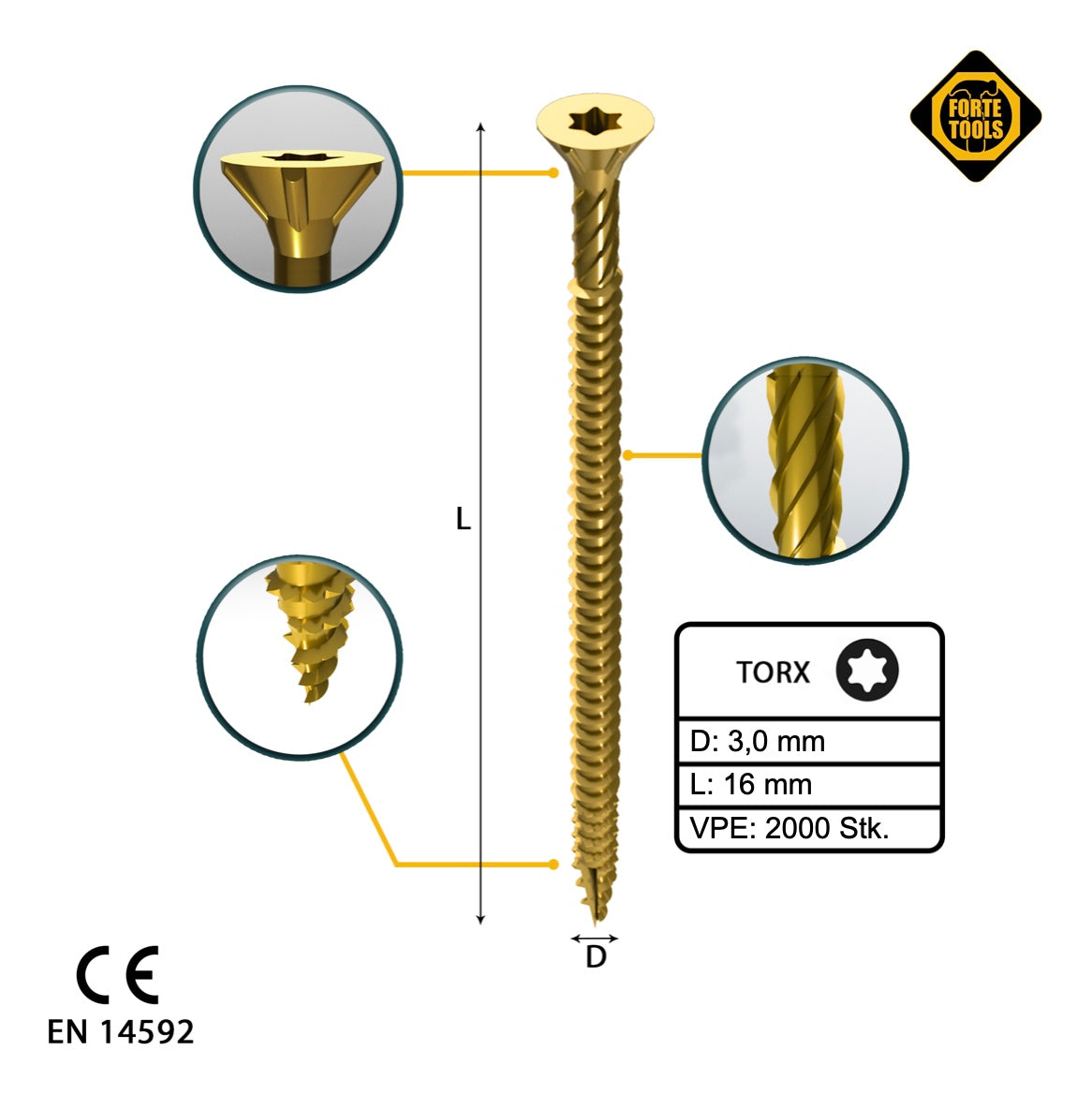 FORTE Tools Universal Holzschraube 3,0 x 16 mm T10 2000 Stk. ( 4x 000051399461 ) gelb verzinkt Torx Senkkopf Vollgewinde - Toolbrothers