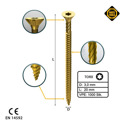 FORTE Tools Universal Holzschraube 3,0 x 20 mm T10 1000 Stk. ( 2x 000051399462 ) gelb verzinkt Torx Senkkopf Vollgewinde