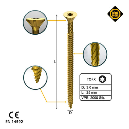 FORTE Tools Vis à bois universelle 3,0 x 25 mm T10 2000 pièces (4x 000051399463) tête fraisée Torx galvanisée jaune filetage complet