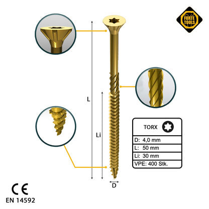 FORTE Tools Universal Holzschraube 4,0 x 50 mm T20 400 Stk. ( 2x 000051399475 ) gelb verzinkt Torx Senkkopf Teilgewinde - Toolbrothers