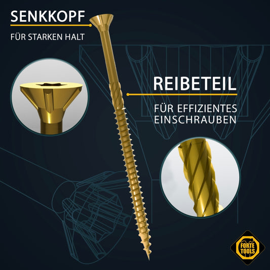 FORTE Tools Universal Holzschraube 4,5 x 70 mm T20 800 Stk. ( 4x 000051399481 ) gelb verzinkt Torx Senkkopf Teilgewinde