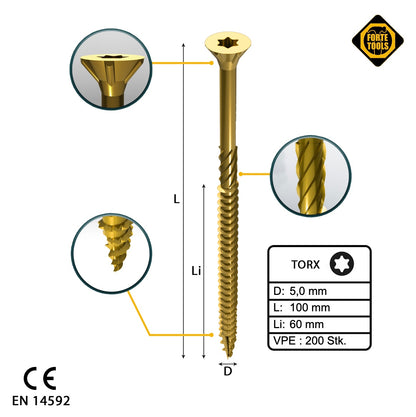 FORTE Tools Vis à bois universelle 5,0 x 100 mm T25 200 pièces (2x 000051399483) tête fraisée Torx galvanisée jaune filetage partiel