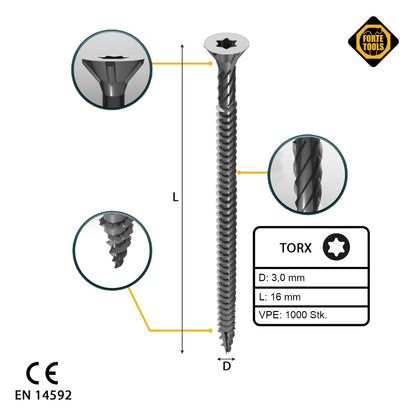 FORTE Tools Universal Holzschraube 3,0 x 16 mm T10 1000 Stk. ( 2x 000040113856 ) silber verzinkt Torx Senkkopf Vollgewinde - Toolbrothers