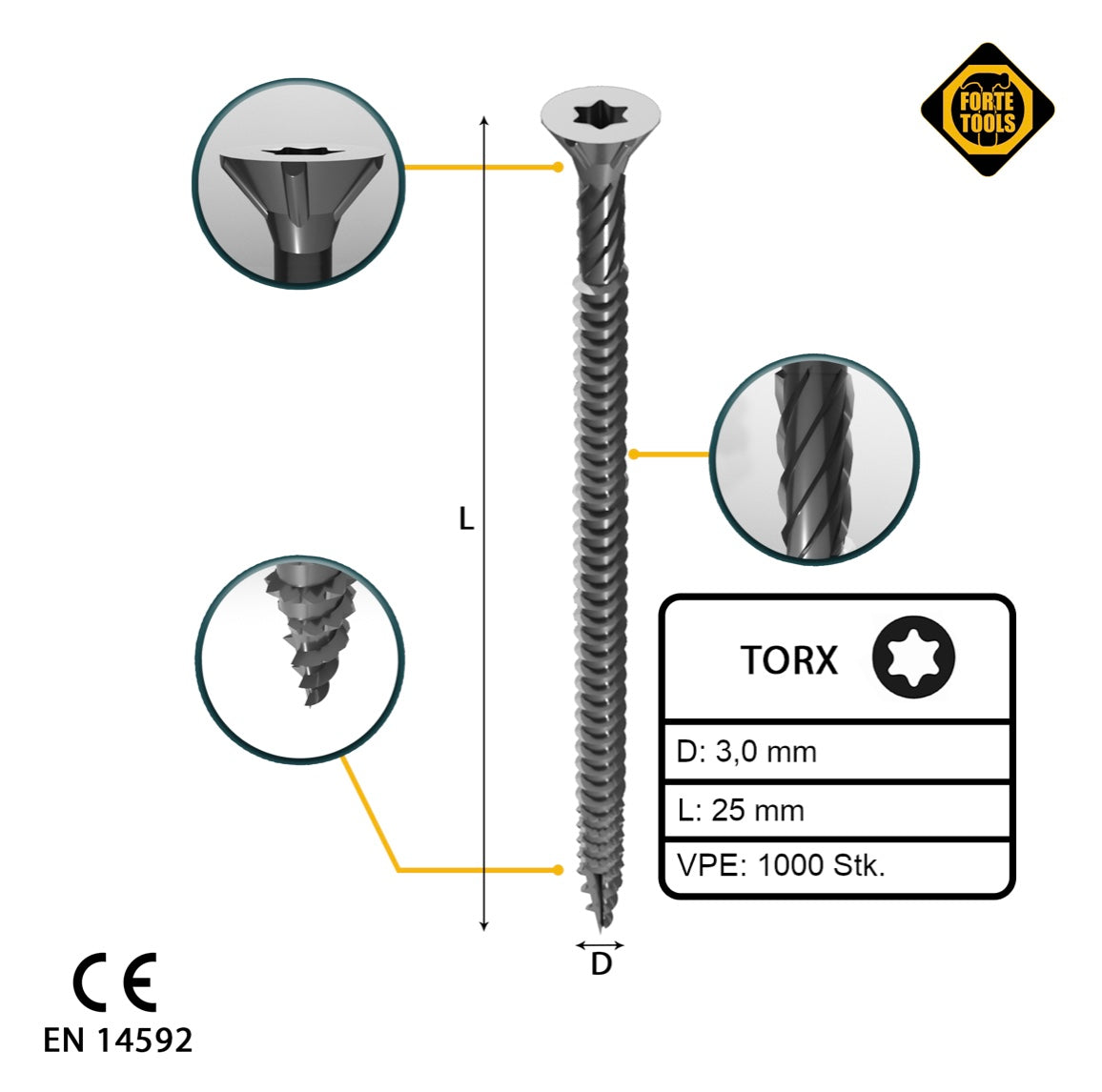 FORTE Tools vis à bois universelle 3,0 x 25 mm T10 1000 pièces (2x 000040113858) tête fraisée Torx galvanisée argent filetage complet