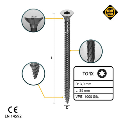 FORTE Tools Universal Holzschraube 3,0 x 25 mm T10 1000 Stk. ( 2x 000040113858 ) silber verzinkt Torx Senkkopf Vollgewinde