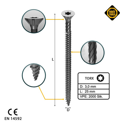 FORTE Tools Vis à bois universelle 3,0 x 25 mm T10 2000 pièces (4x 000040113858) tête fraisée Torx galvanisée argent filetage complet