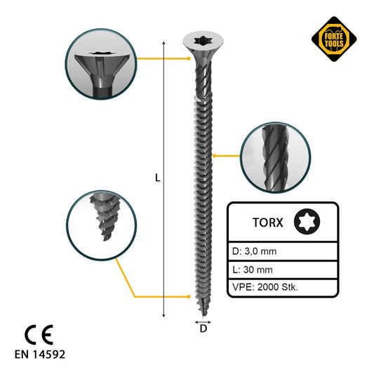 FORTE Tools Universal Holzschraube 3,0 x 30 mm T10 2000 Stk. ( 4x 000040113859 ) silber verzinkt Torx Senkkopf Vollgewinde - Toolbrothers