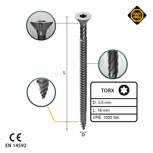 FORTE Tools Universal Holzschraube 3,5 x 16 mm T15 1000 Stk. ( 2x 000040113860 ) silber verzinkt Torx Senkkopf Vollgewinde - Toolbrothers