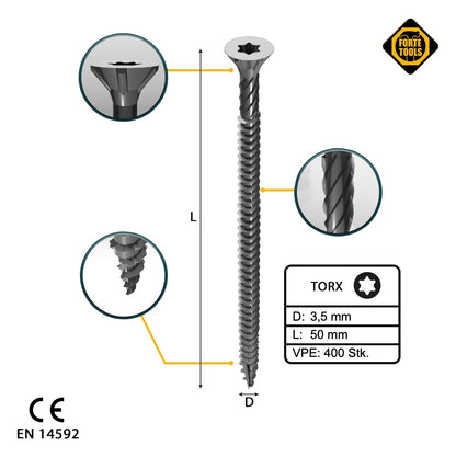 FORTE Tools Vis à bois universelle 3,5 x 50 mm T15 400 pièces (2x 000040113866) tête fraisée Torx galvanisée argent filetage complet