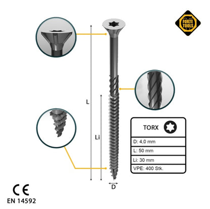 FORTE Tools Vis à bois universelle 4,0 x 50 mm T20 400 pièces (2x 000040113870) tête fraisée Torx galvanisée argent filetage partiel