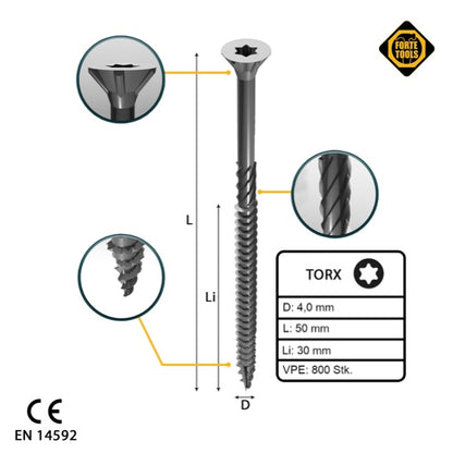 FORTE Tools Vis à bois universelle 4,0 x 50 mm T20 800 pièces (4x 000040113870) tête fraisée Torx galvanisée argent filetage partiel