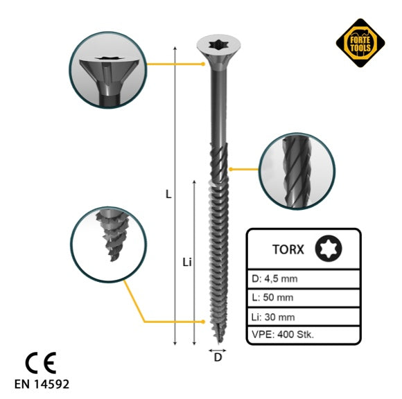 FORTE Tools Vis à bois universelle 4,5 x 50 mm T20 400 pièces (2x 000040113874) tête fraisée Torx galvanisée argent filetage partiel