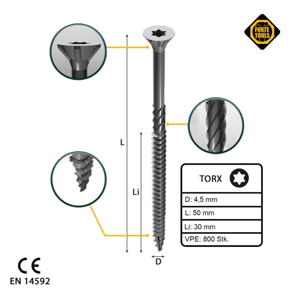 FORTE Tools Universal Holzschraube 4,5 x 50 mm T20 800 Stk. ( 4x 000040113874 ) silber verzinkt Torx Senkkopf Teilgewinde