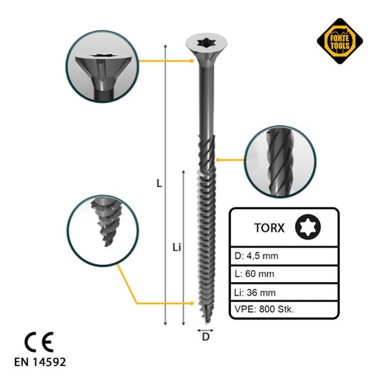 FORTE Tools Universal Holzschraube 4,5 x 60 mm T20 800 Stk. ( 4x 000040113875 ) silber verzinkt Torx Senkkopf Teilgewinde