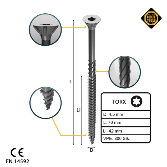 FORTE Tools vis à bois universelle 4,5 x 70 mm T20 800 pièces (4x 000040113876) tête fraisée Torx galvanisée argent filetage partiel