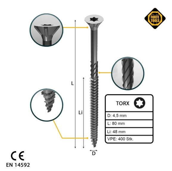 FORTE Tools Universal Holzschraube 4,5 x 80 mm T20 400 Stk. ( 2x 000040113877 ) silber verzinkt Torx Senkkopf Teilgewinde