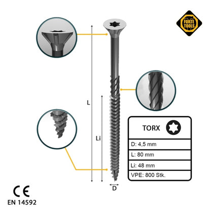 FORTE Tools vis à bois universelle 4,5 x 80 mm T20 800 pièces (4x 000040113877) tête fraisée Torx galvanisée argent filetage partiel