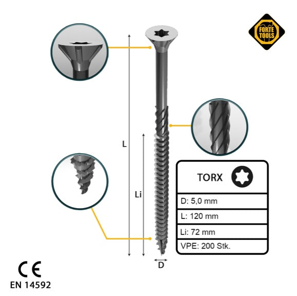 FORTE Tools Universal Holzschraube 5,0 x 120 mm T25 200 Stk. ( 2x 000040113879 ) silber verzinkt Torx Senkkopf Teilgewinde