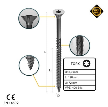 FORTE Tools Vis à bois universelle 5,0 x 120 mm T25 400 pièces (4x 000040113879) tête fraisée Torx galvanisée argent filetage partiel