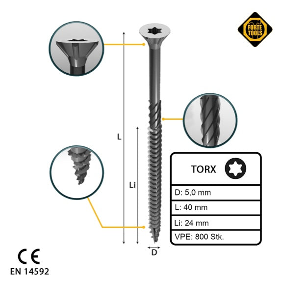 FORTE Tools Universal Holzschraube 5,0 x 40 mm T25 800 Stk. ( 4x 000040113880 ) silber verzinkt Torx Senkkopf Teilgewinde - Toolbrothers