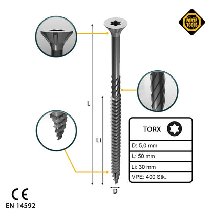 FORTE Tools Vis à bois universelle 5,0 x 50 mm T25 400 pièces (2x 000040113881) tête fraisée Torx galvanisée argent filetage partiel