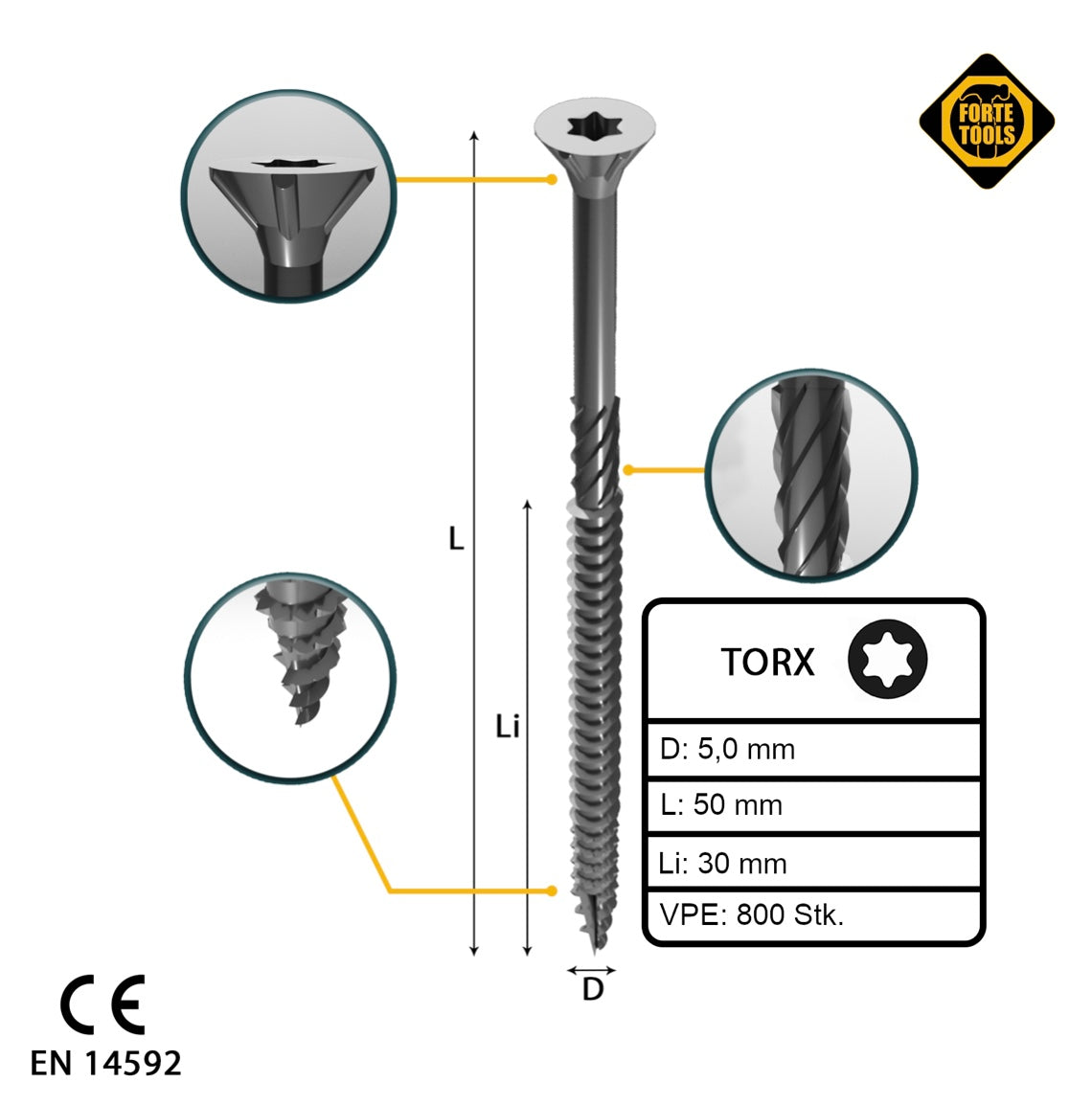 FORTE Tools Universal Holzschraube 5,0 x 50 mm T25 800 Stk. ( 4x 000040113881 ) silber verzinkt Torx Senkkopf Teilgewinde