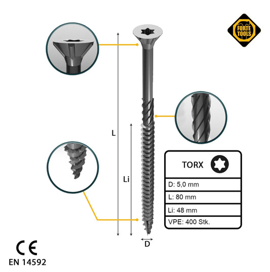 FORTE Tools Vis à bois universelle 5,0 x 80 mm T25 400 pièces (2x 000040113884) tête fraisée Torx galvanisée argent filetage partiel