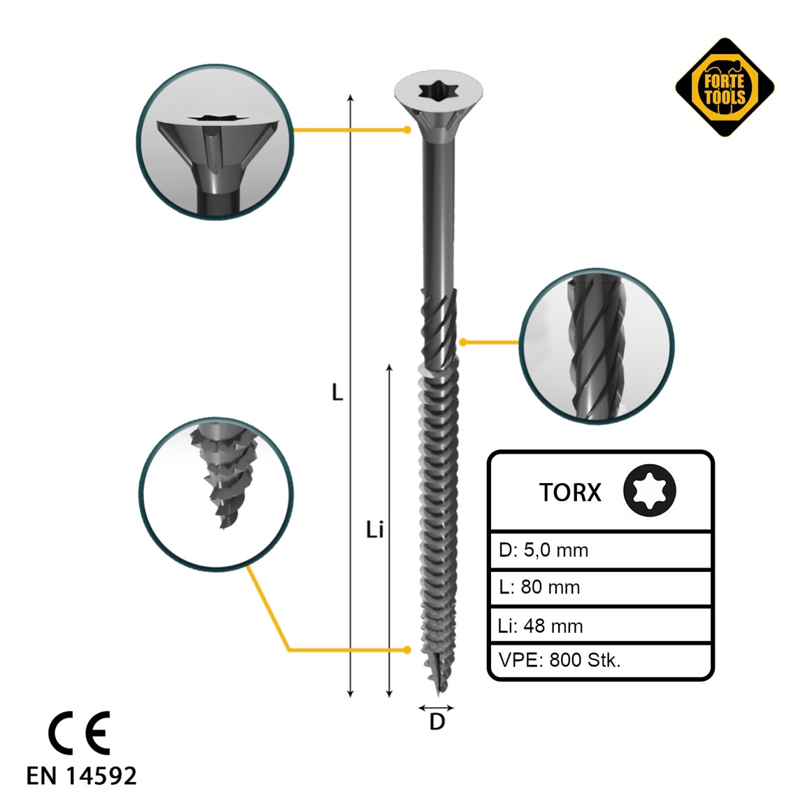 FORTE Tools Vis à bois universelle 5,0 x 80 mm T25 800 pièces (4x 000040113884) tête fraisée Torx galvanisée argent filetage partiel