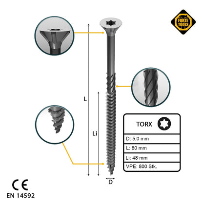 FORTE Tools Vis à bois universelle 5,0 x 80 mm T25 800 pièces (4x 000040113884) tête fraisée Torx galvanisée argent filetage partiel