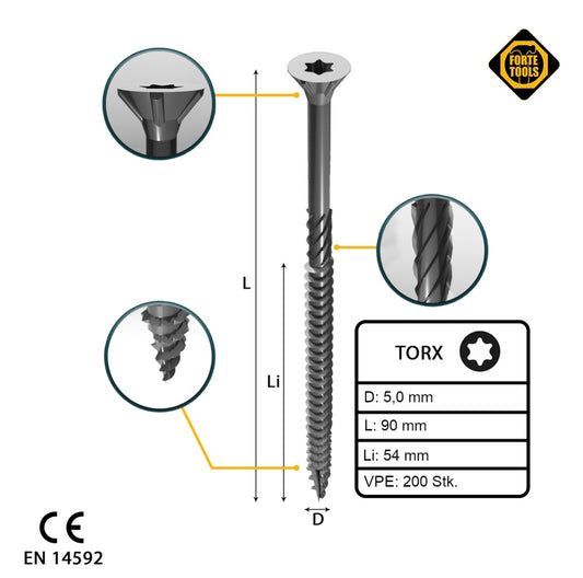 FORTE Tools Vis à bois universelle 5,0 x 90 mm T25 200 pièces (2x 000040113885) tête fraisée Torx galvanisée argent filetage partiel