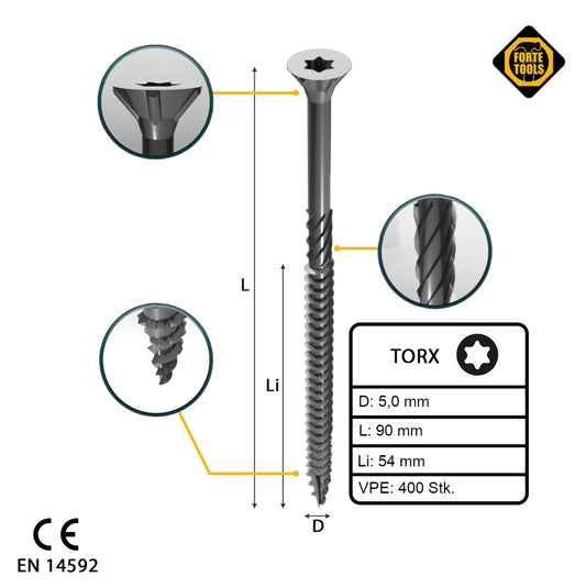 FORTE Tools Vis à bois universelle 5,0 x 90 mm T25 400 pièces (4x 000040113885) tête fraisée Torx galvanisée argent filetage partiel