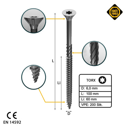 FORTE Tools Universal Holzschraube 6,0 x 100 mm T30 200 Stk. ( 2x 000040113886 ) silber verzinkt Torx Senkkopf Teilgewinde - Toolbrothers