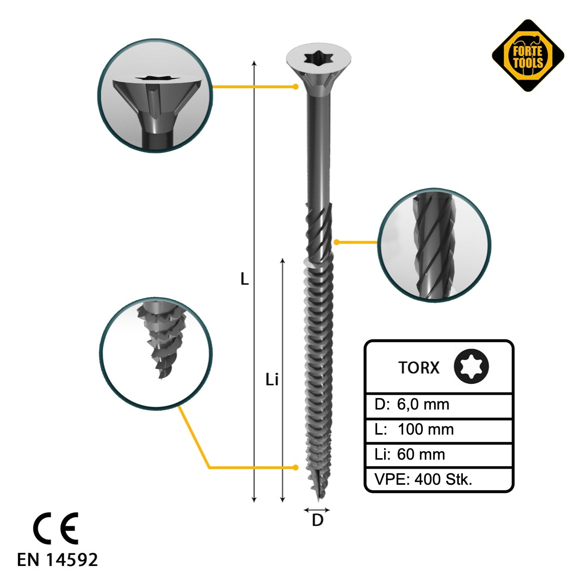 FORTE Tools Universal Holzschraube 6,0 x 100 mm T30 400 Stk. ( 4x 000040113886 ) silber verzinkt Torx Senkkopf Teilgewinde - Toolbrothers