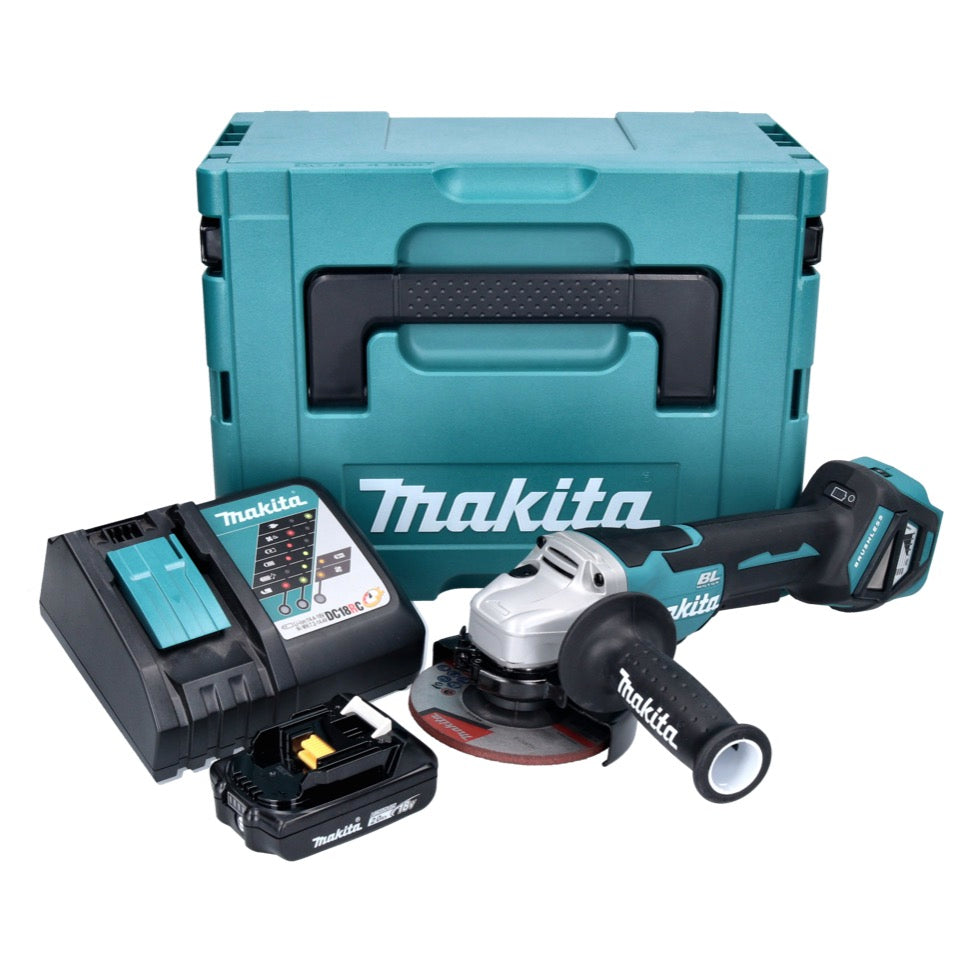 Makita DGA 515 RA1J Akku Winkelschleifer 18 V 125 mm Brushless + 1x Akku 2,0 Ah + Ladegerät + Makpac