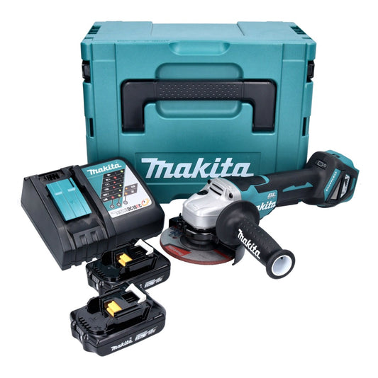 Makita DGA 515 RAJ Akku Winkelschleifer 18 V 125 mm Brushless + 2x Akku 2,0 Ah + Ladegerät + Makpac