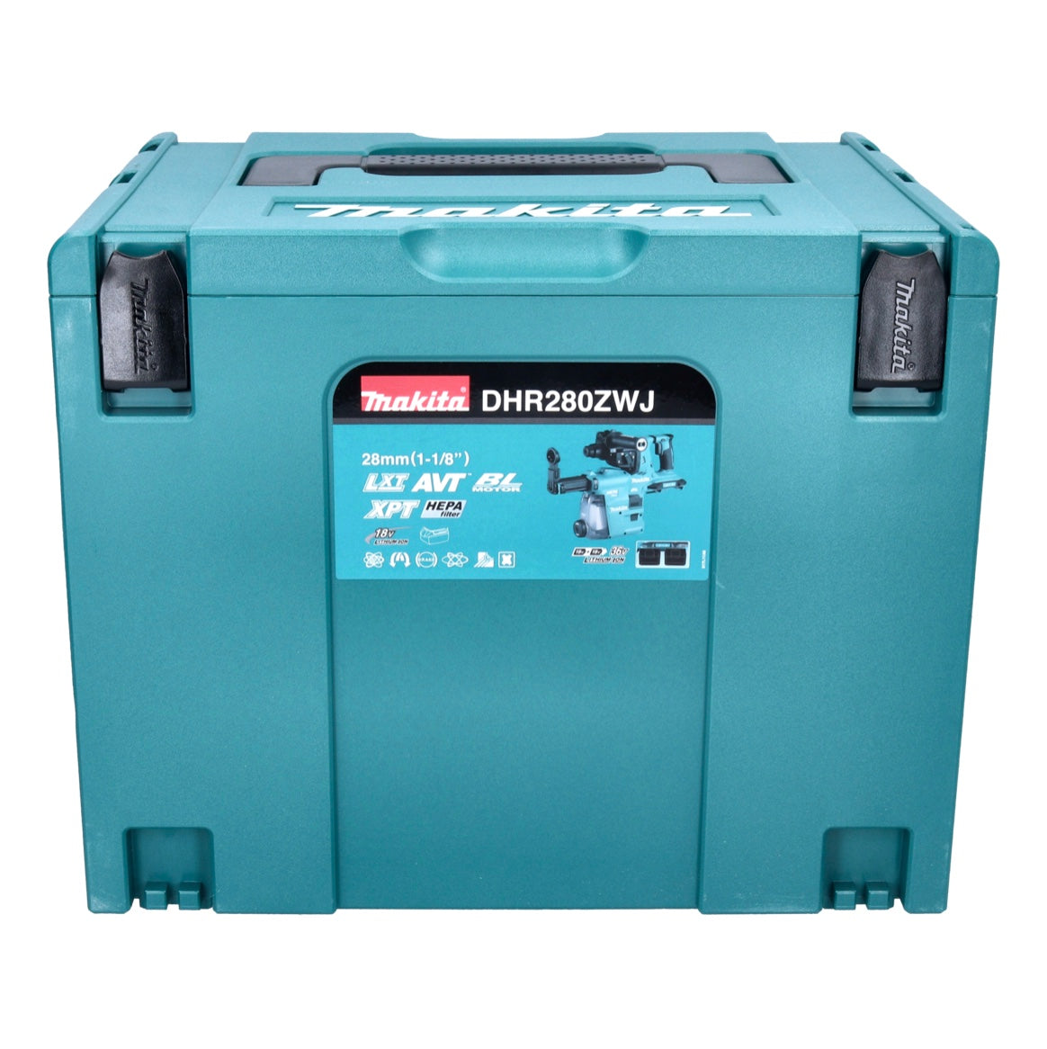 Makita DHR 280 RGWJ Akku Bohrhammer 36 V ( 2x 18 V ) 2,8 J SDS Plus Brushless + 2x Akku 6,0 Ah + Ladegerät + DX08 Staubabsaugung + Makpac