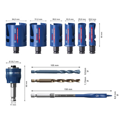 Bosch Expert Construction Material Lochsägen Set 10 tlg. 20 / 25 / 32 / 38 / 51 / 64 x 60 mm ( 2608900490 ) Carbide Technology für Dreh- und Schlagbohrer