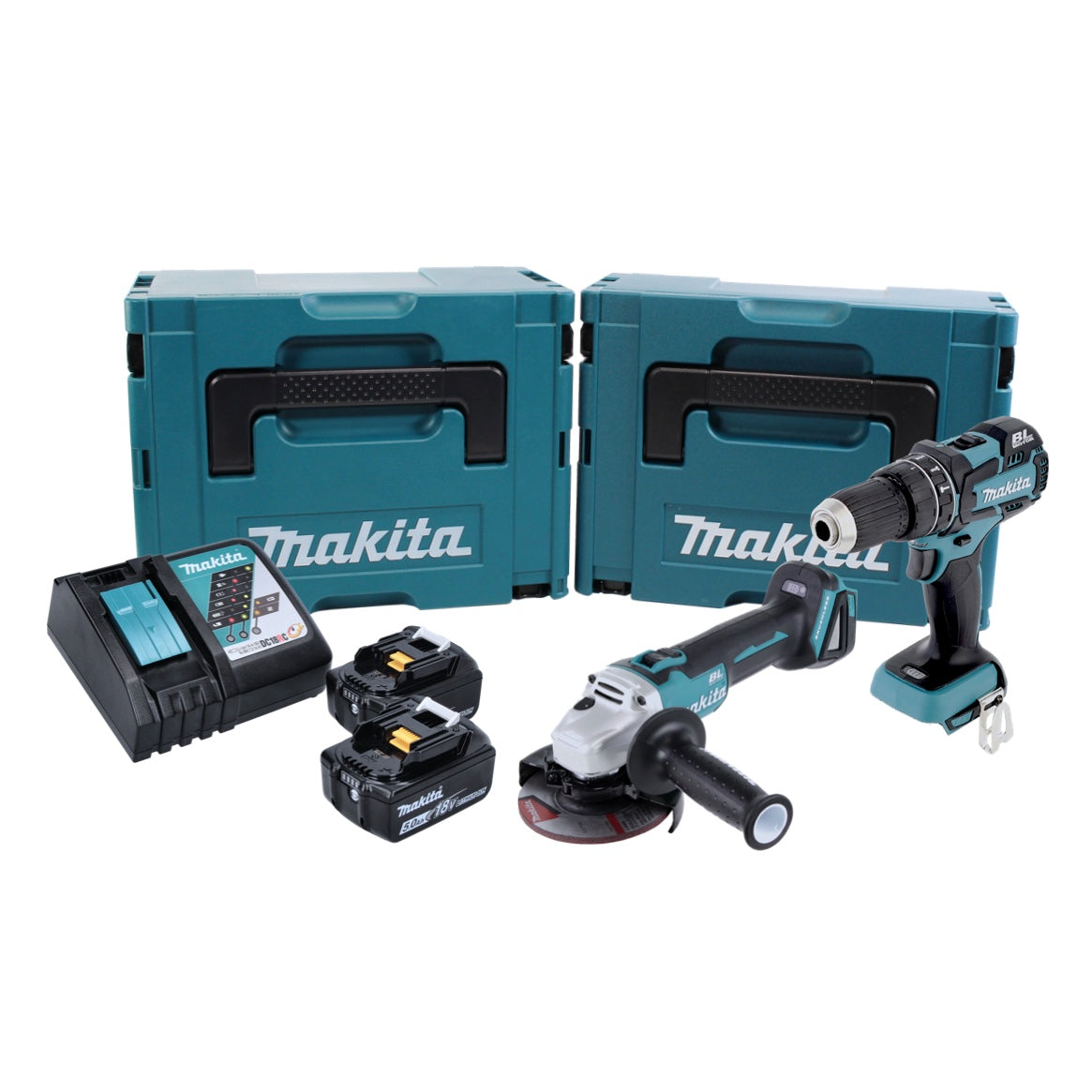 Kit combiné batterie Makita DLX 2126 TJ1 Meuleuse d'angle sur batterie DGA 504 + perceuse à percussion sur batterie DHP 480 + 2x batterie 5,0 Ah + chargeur + 2x Makpac