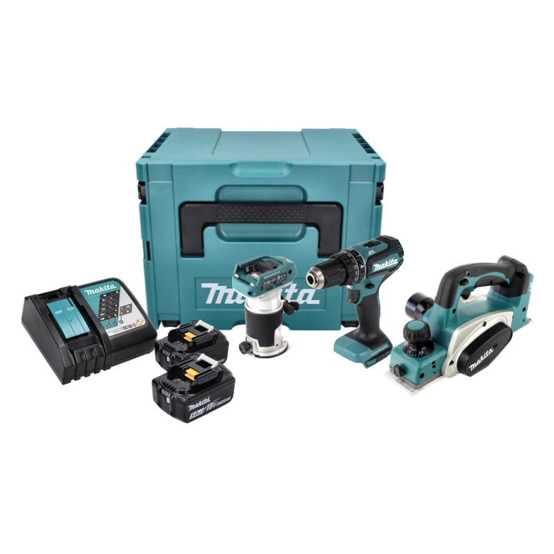 Makita DLX 3116 TJ Akku Combo Kit DHP 485 Akku Schlagbohrschrauber + DKP 180 Akku Hobel + DRT 50 Akku Multifunktionsfräse + 2x Akku 5,0 Ah + Ladegerät + Makpac