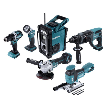 Makita DLX 6087 TJ1 EXTRA Akku Combo Kit DDF 484 Bohrschrauber + DGA 513 Winkelschleifer + DHR 202 Kombihammer + DJV 181 Pendelhubstichsäge + DMR 107 Baustellenradio + DML 802 Lampe + 3x Akku 5,0 Ah + Ladegerät + 4x Makpac + Transportwagen