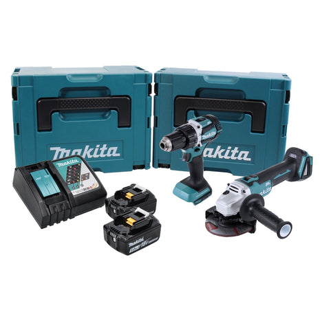 Kit combiné batterie Makita DLX 2190 TJ1 Perceuse sur batterie DDF 484 + Meuleuse d'angle sur batterie DGA 504 + 2x batterie 5,0 Ah + chargeur + 2x Makpac