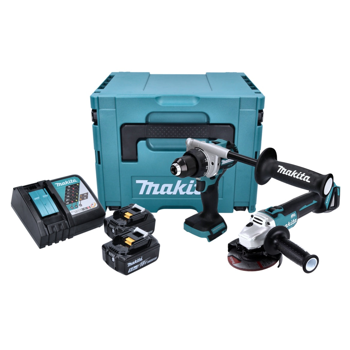 Makita DLX 2430 TJ Akku Combo Kit DDF 486 Akku Bohrschrauber + DGA 504 Akku Winkelschleifer + 2x Akku 5,0 Ah + Ladegerät + Makpac