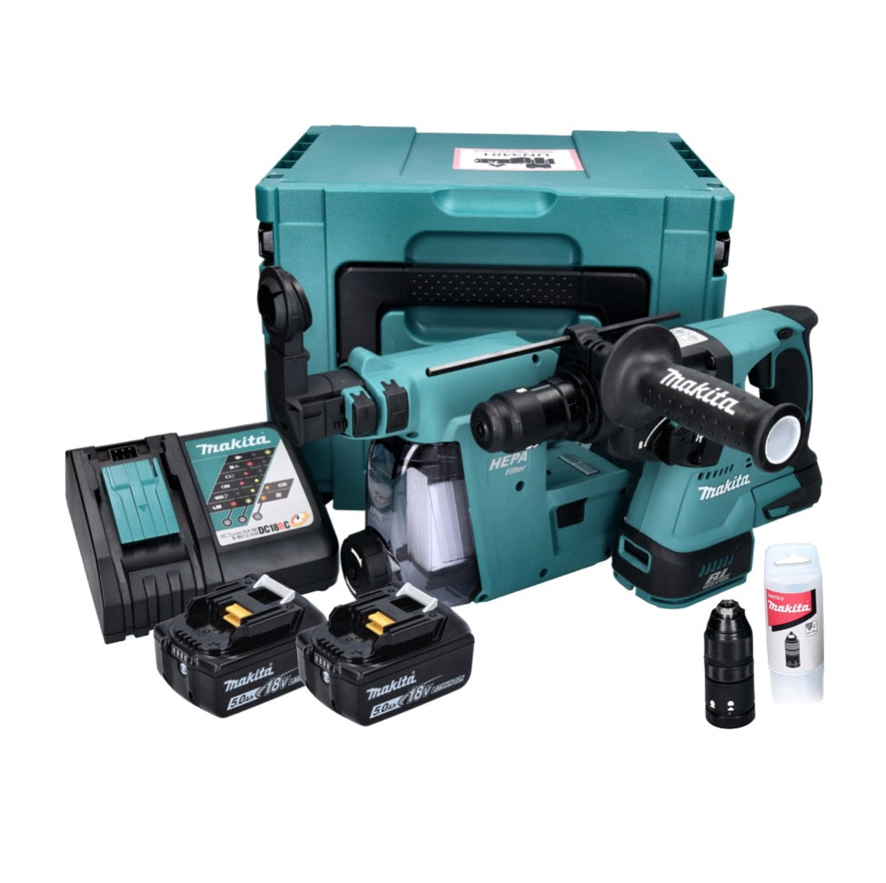 Makita DHR 243 RTJW Akku Bohrhammer 18 V 2,0 J SDS plus Brushless + 2x Akku 5,0 Ah + Ladegerät + Staubabsaugung + Makpac