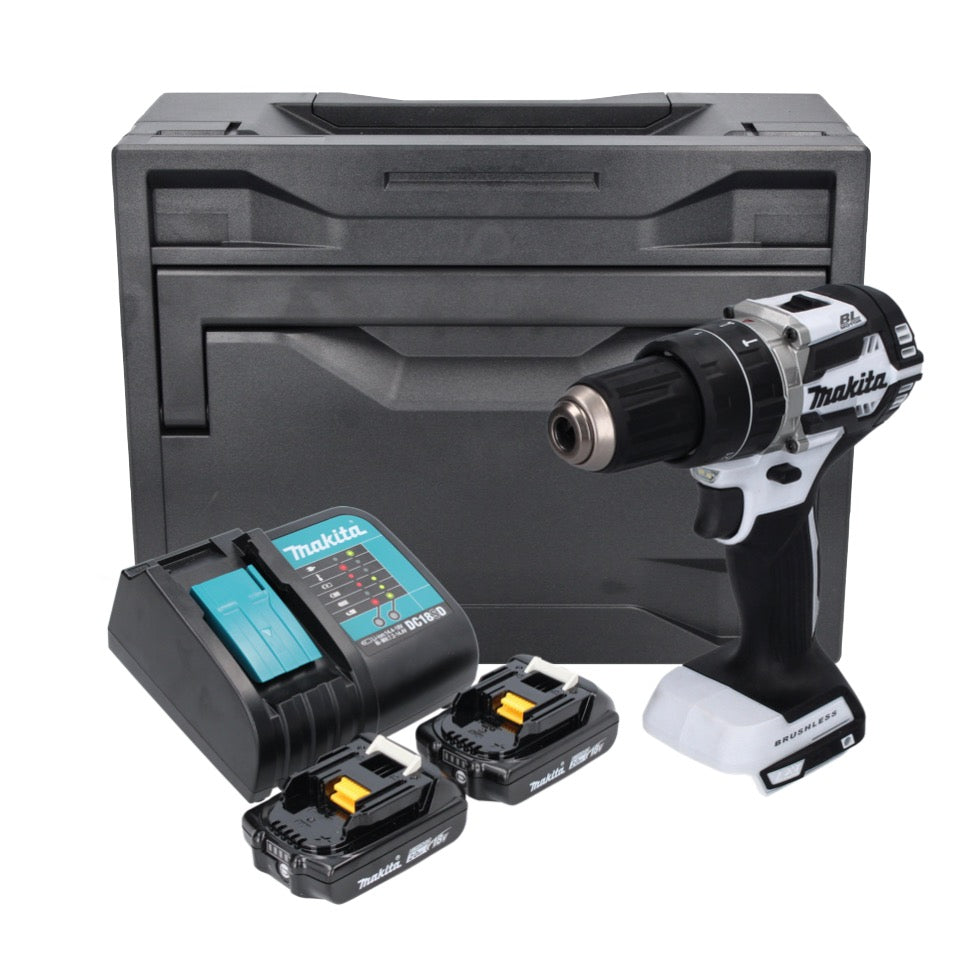 Makita DHP 484 SAX W Akku Schlagbohrschrauber 18 V 54 Nm Brushless Weiß + 2x Akku 2,0 Ah + Ladegerät + Makbox