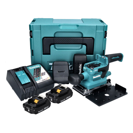 Makita DBO 380 RAJ Akku Schwingschleifer 18 V 93 x 185 mm Brushless + 2x Akku 2,0 Ah + Ladegerät + Makpac