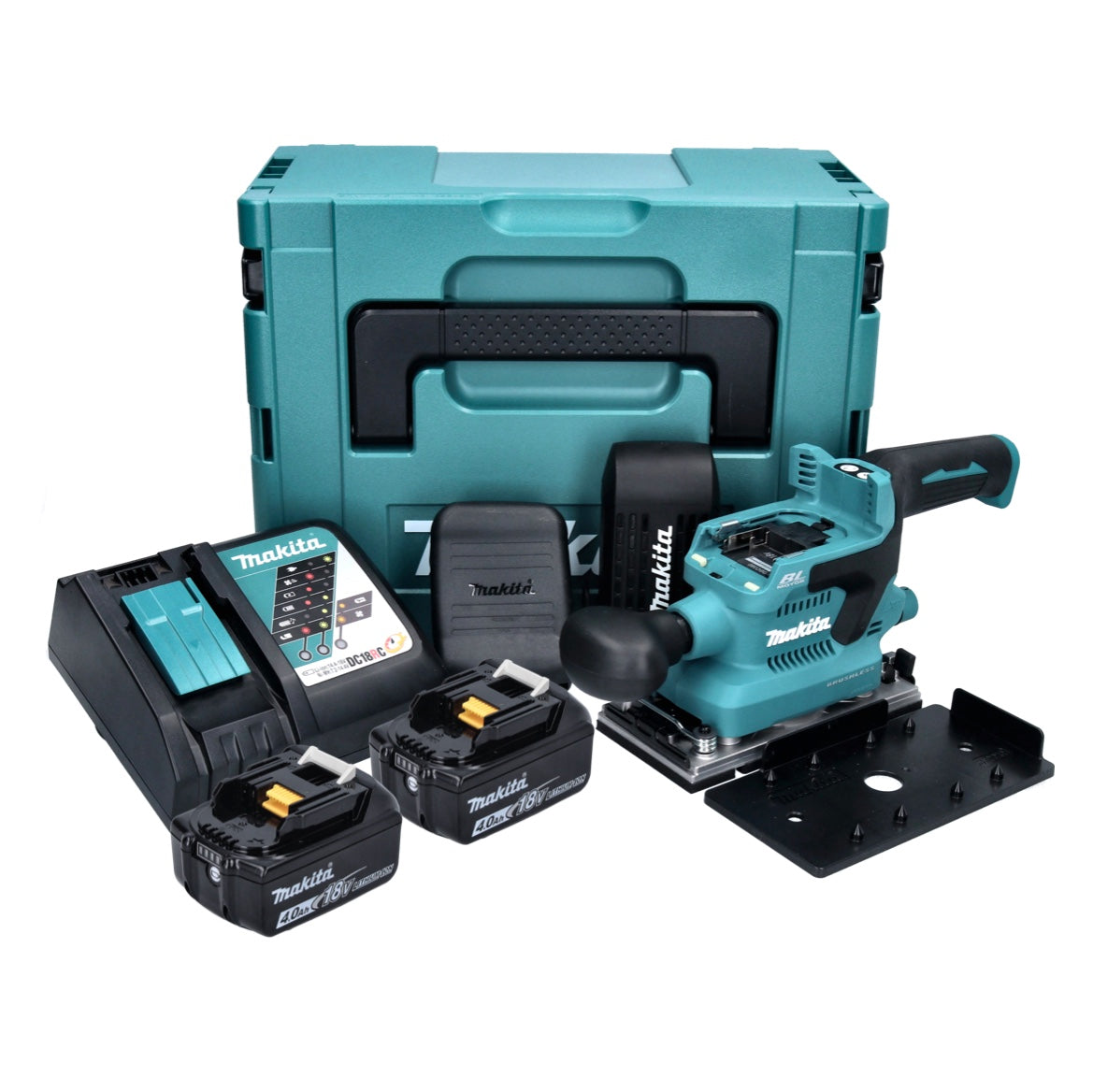 Makita DBO 380 RMJ Akku Schwingschleifer 18 V 93 x 185 mm Brushless + 2x Akku 4,0 Ah + Ladegerät + Makpac