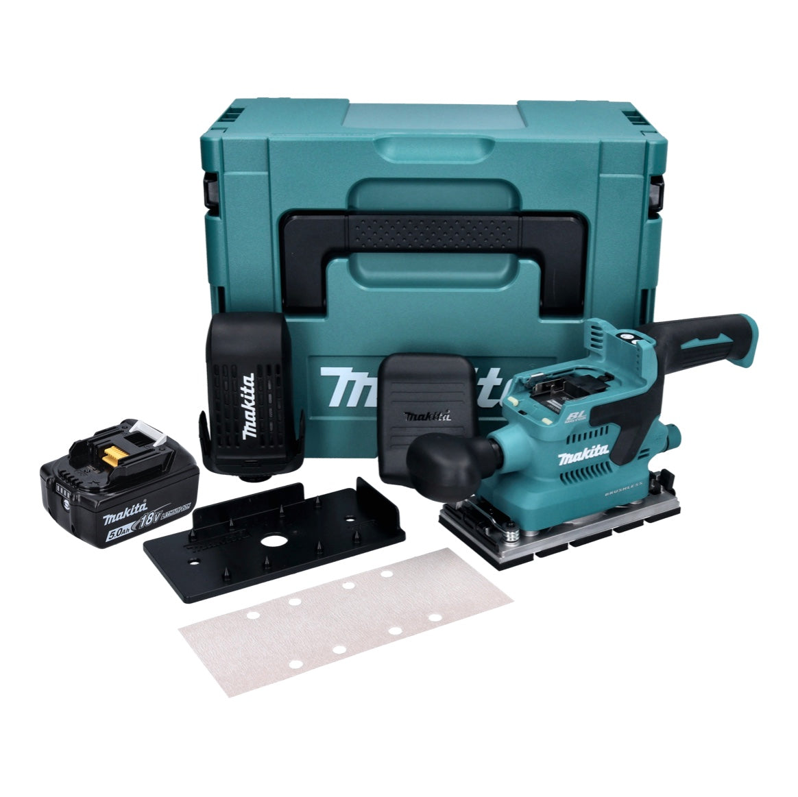 Makita DBO 380 T1J Akku Schwingschleifer 18 V 93 x 185 mm Brushless + 1x Akku 5,0 Ah + Makpac - ohne Ladegerät