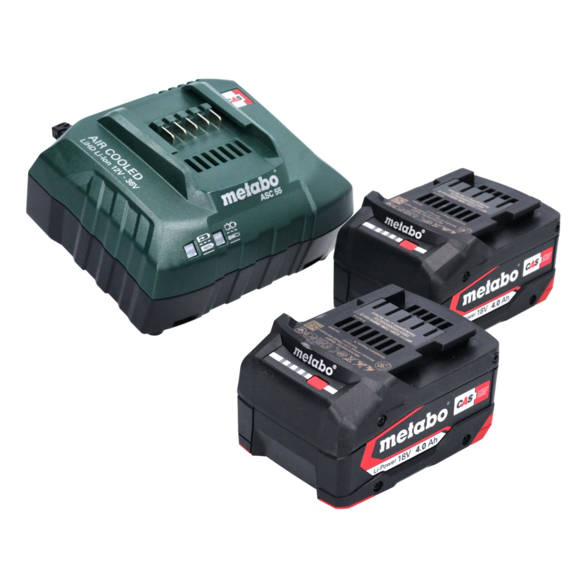 Kit de base Metabo 2x batterie Li-Power 18 V 4,0 Ah CAS Li-Ion (2x 625027000) + chargeur ASC 55 (627044000)