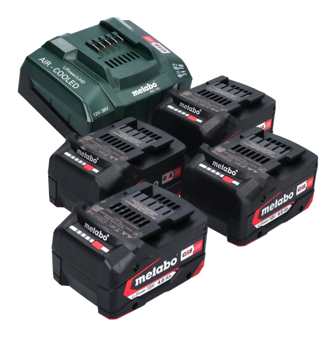 Metabo Basis Set 4x Li-Power Akkupack 18 V 4,0 Ah CAS Li-Ion Akku ( 4x 625027000 ) + ASC 145 Schnell Ladegerät ( ‭627378000‬ )